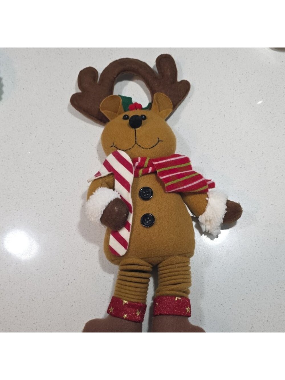 Reindeer Christmas Plush Figurine Freestanding Brown w/ Scarf Candy Cane